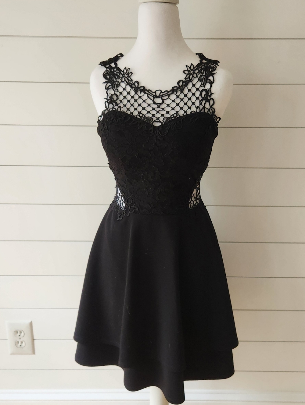 City Studio Black Lace Crochet Yoke Skater Dress
